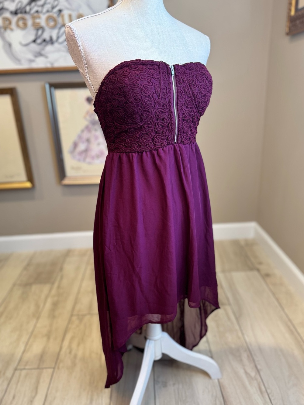 New! Poetry Strapless Lace Bodice High-Low Dress in Deep Plum